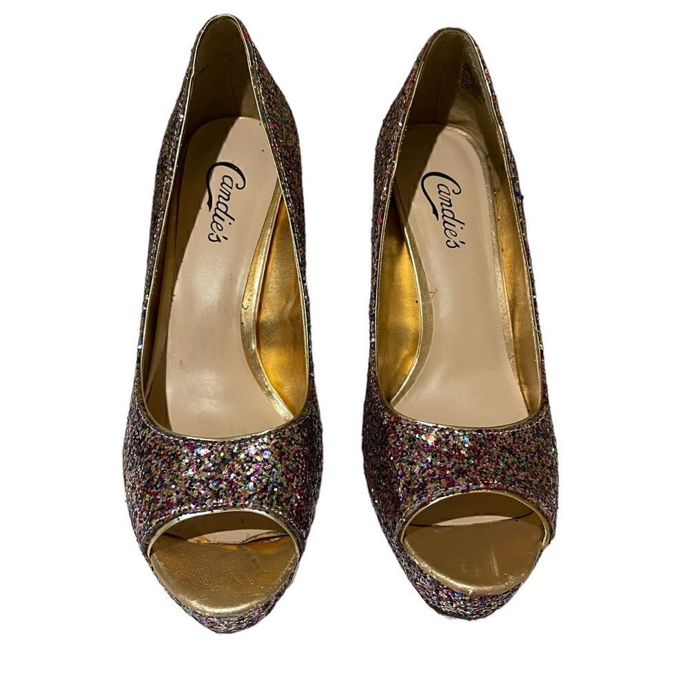 Womens 8.5M Candie's Glitter Open-Toe 4.5" Holiday Party Dance Heels Pumps Shoes
